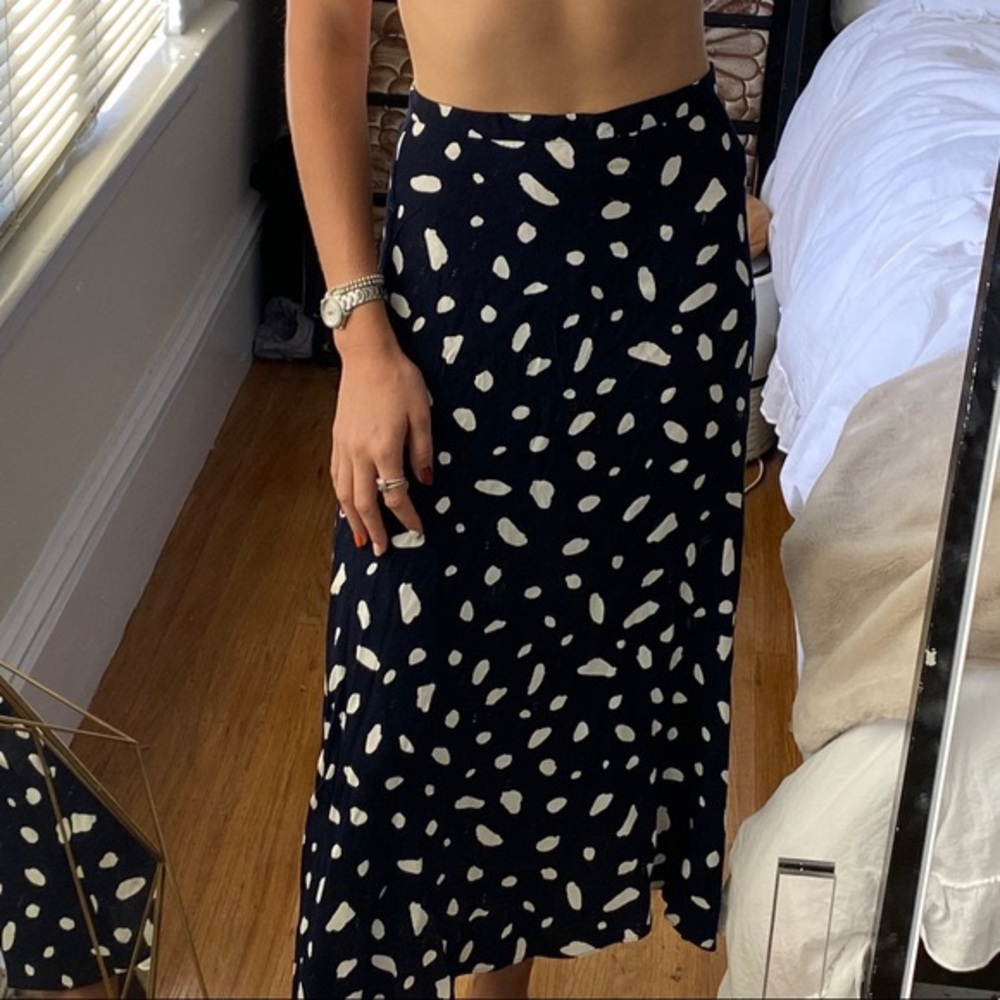 Wilfred Blue and White Asymmetrical A-Line Midi Skirt